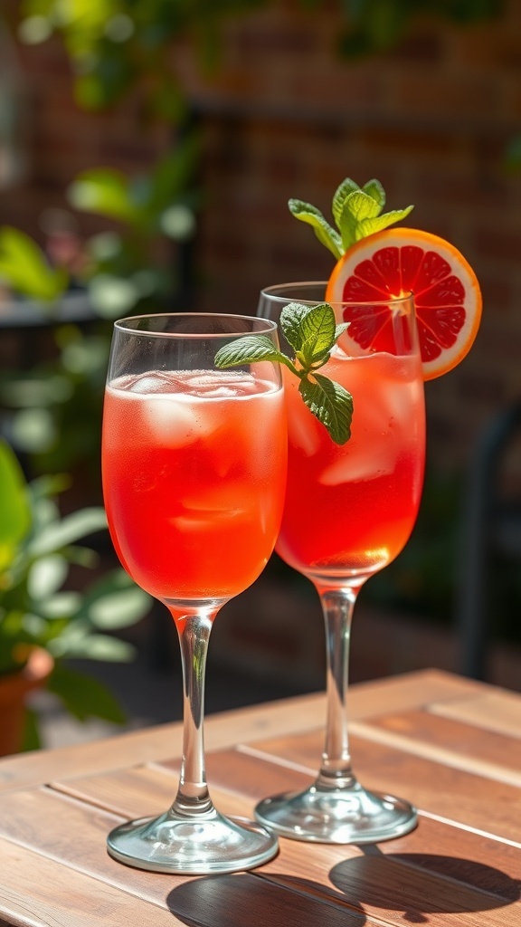 Two glasses of Blood Orange Fizz cocktail garnished with blood orange slices and mint leaves on a wooden table.